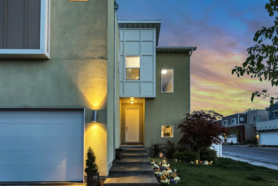Contemporary home entrance at dusk